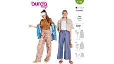 Strih Burda 5707 - Nohavice s gumou v páse, džínsové nohavice marlene so širokými nohavicami, šortky