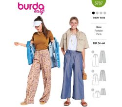 Strih Burda 5707 - Nohavice s gumou v páse, džínsové nohavice marlene so širokými nohavicami, šortky