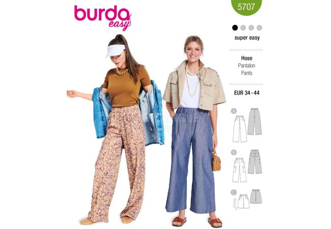 Strih Burda 5707 - Nohavice s gumou v páse, džínsové nohavice marlene so širokými nohavicami, šortky