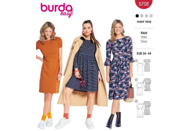 Strih Burda 5708 - Šaty s rozšírenou sukňou, puzdrové šaty, denné šaty