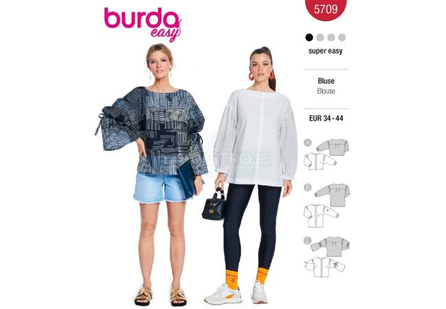 Strih Burda 5709 - Košeľová blúzka, blúzka s naberanými rukávmi