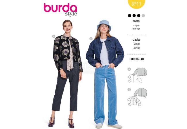 Strih Burda 5711 - Krátka bunda, džínsová bunda, krátke sako so skrytým zapínaním