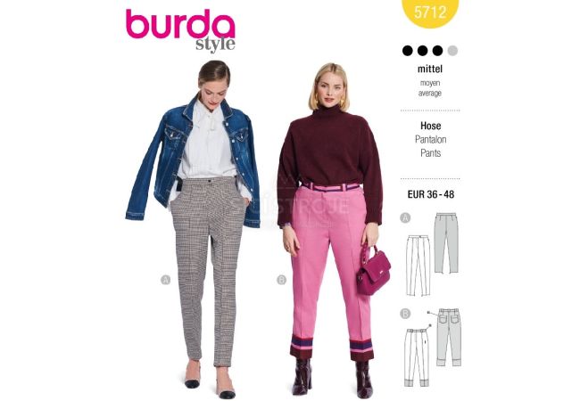 Strih Burda 5712 - Nohavice s pukmi, elegantné úzke nohavice