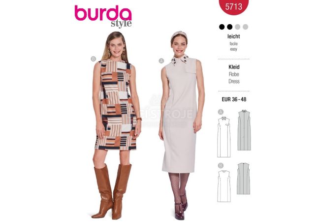 Strih Burda 5713 - Puzdrové šaty bez rukávov, šaty s golierom
