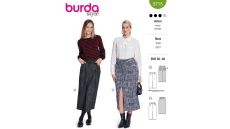 Strih Burda 5715 - Džínsová sukňa, úzka sukňa, midi sukňa, kiltová sukňa