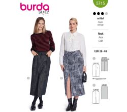 Strih Burda 5715 - Džínsová sukňa, úzka sukňa, midi sukňa, kiltová sukňa