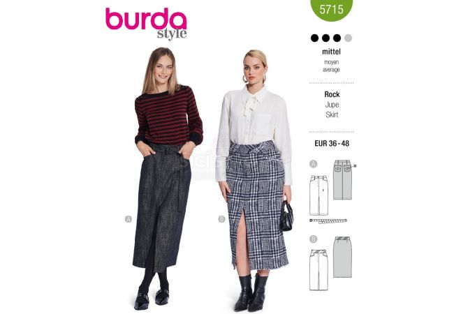 Strih Burda 5715 - Džínsová sukňa, úzka sukňa, midi sukňa, kiltová sukňa