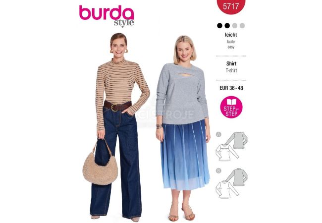 Strih Burda 5717 - Rolák, tričko s dlhým rukávom, elegantné tričko s prestrihom