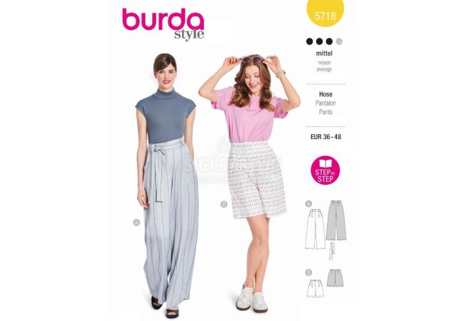 Strih Burda 5718 - Nohavice marlene so širokými nohavicami, šortky