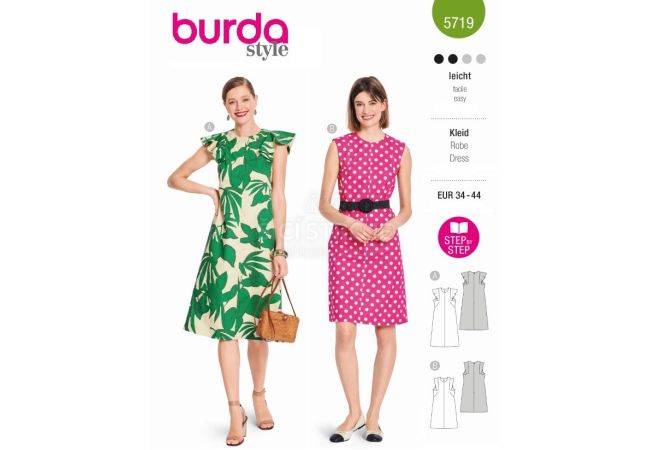 Strih Burda 5719 - Áčkové šaty s okrúhlym výstrihom