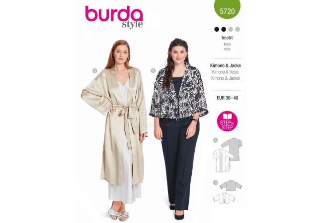 Strih Burda 5720 - Kabátik s opaskom, kimono, saténový kabátik, kardigan