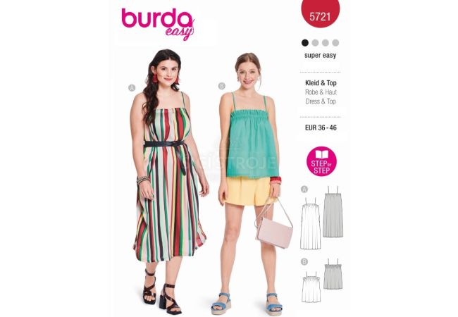 Strih Burda 5721 - Voľné šaty na ramienka, top na ramienka, plážové šaty