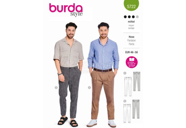 Strih Burda 5722 - Pánske nohavice, nohavice so skladmi