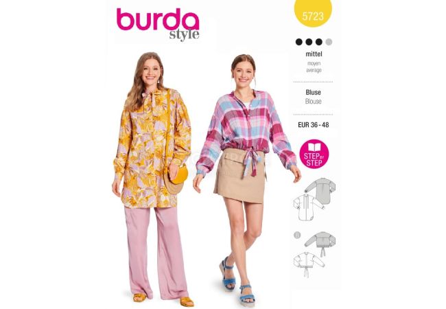 Strih Burda 5723 - Tunika, dlhá košeľa, voľná košeľa, košeľa so skrytým zapínaním, vrchná košeľa