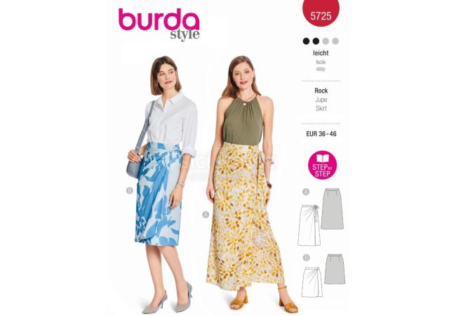 Strih Burda 5725 - Zavinovacie sukne, sukne so skladmi