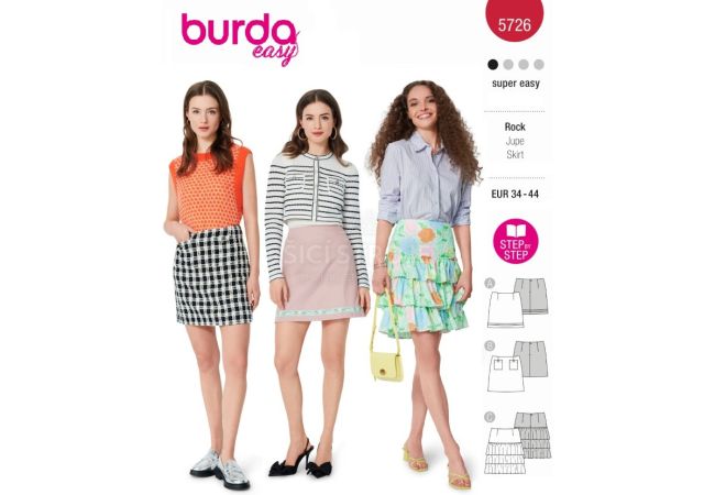 Strih Burda 5726 - Áčková sukňa, sukňa s volánikmi, minisukňa