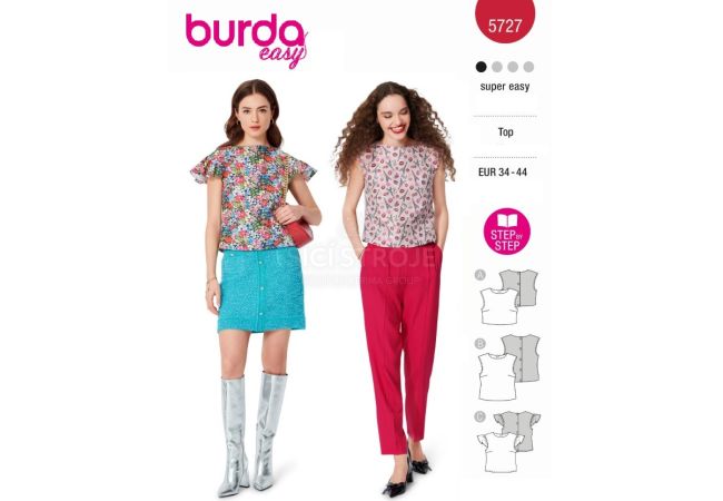 Strih Burda 5727 - Blúzka s prepínaním na chrbte, top bez rukávov, crop top