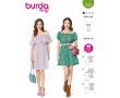 Strih Burda 5728 - Šaty s volánikmi, naberané šaty, šaty so spadnutými ramenami, šaty Carmen