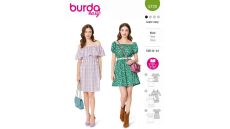Strih Burda 5728 - Šaty s volánikmi, naberané šaty, šaty so spadnutými ramenami, šaty Carmen