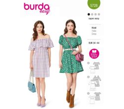 Strih Burda 5728 - Šaty s volánikmi, naberané šaty, šaty so spadnutými ramenami, šaty Carmen