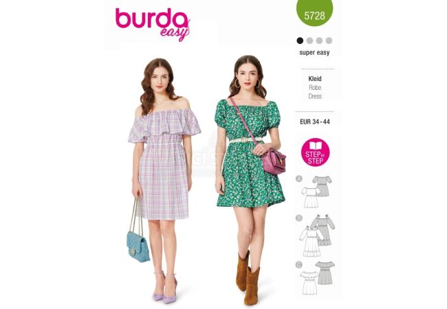 Strih Burda 5728 - Šaty s volánikmi, naberané šaty, šaty so spadnutými ramenami, šaty Carmen