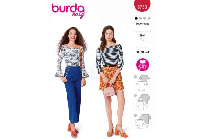 Strih Burda 5730 - Tričko s lodičkovým výstrihom, tričko so spadnutými ramenami