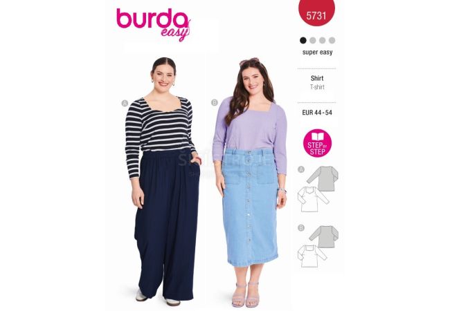 Strih Burda 5731 - Tričko so srdiečkovým výstrihom, tričko s hranatým výstrihom