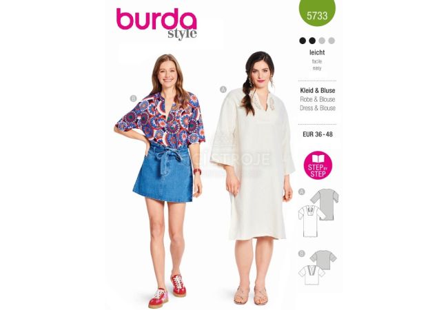 Strih Burda 5733 - Voľné tunikové šaty, blúzka s plastrónom