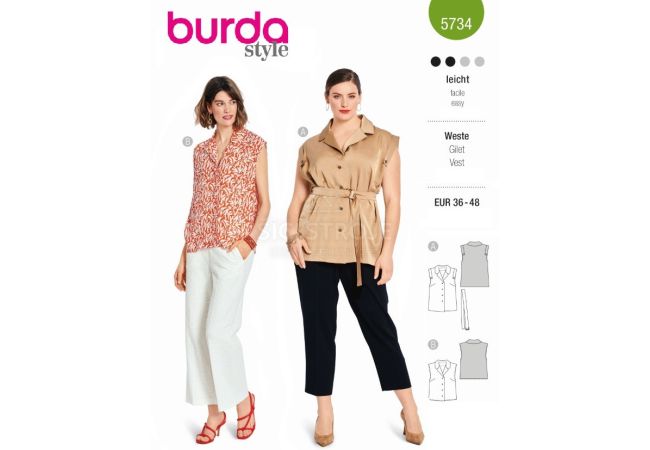 Strih Burda 5734 - Košeľa bez rukávu, zapínacia blúzka