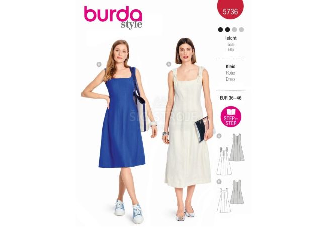 Strih Burda 5736 - Šaty na ramienka, šaty s rozšírenou sukňou, ľanové šaty