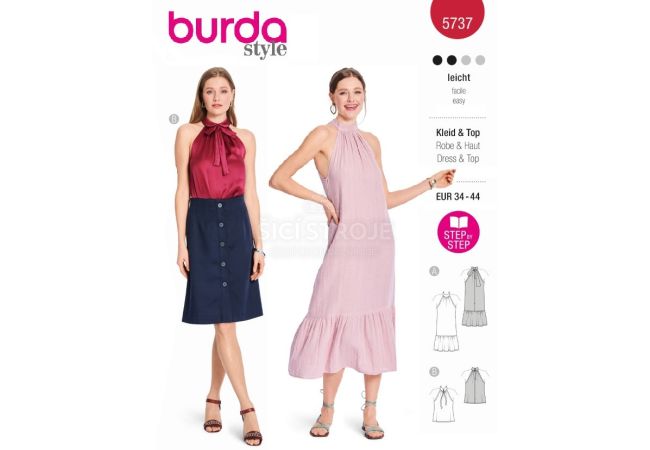 Strih Burda 5737 - Voľné šaty za krk, mušelínové šaty, top s nahými ramenami