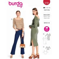 Strih Burda 5738 - Tričkové šaty, džersejové šaty, tričko s hranatým výstrihom