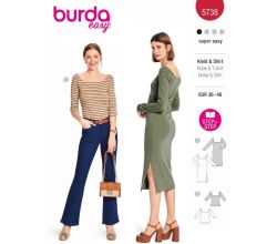 Strih Burda 5738 - Tričkové šaty, džersejové šaty, tričko s hranatým výstrihom