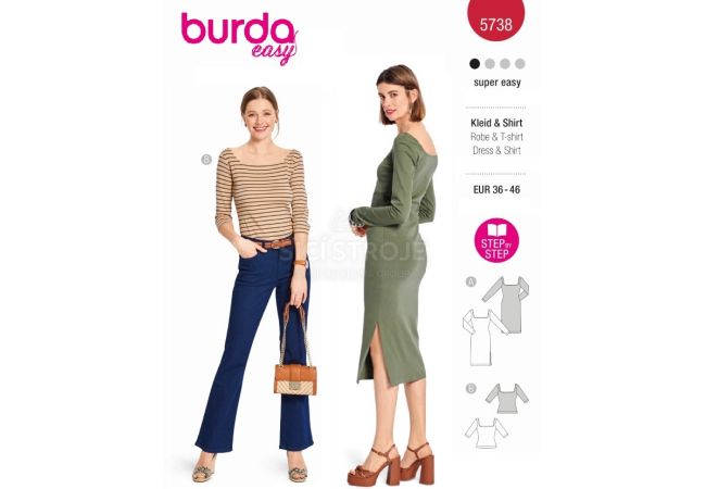 Strih Burda 5738 - Tričkové šaty, džersejové šaty, tričko s hranatým výstrihom