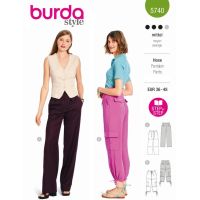 Strih Burda 5740 - Nohavice so sťahovaním v páse, cargo nohavice
