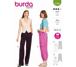 Strih Burda 5740 - Nohavice so sťahovaním v páse, cargo nohavice