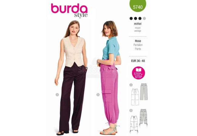 Strih Burda 5740 - Nohavice so sťahovaním v páse, cargo nohavice