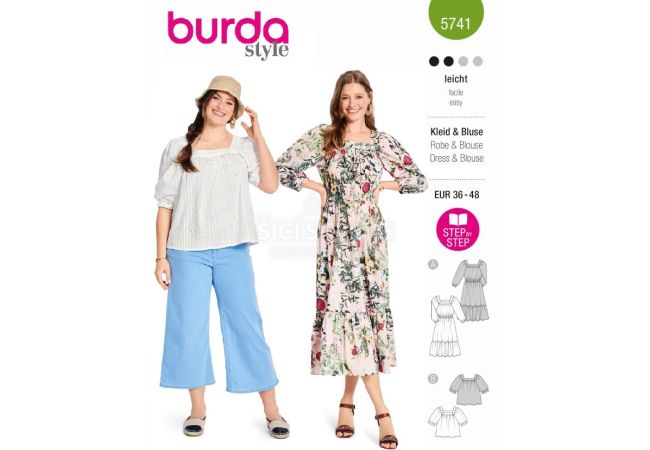 Strih Burda 5741 - Šaty s volánmi, naberané šaty, boho šaty, blúzka