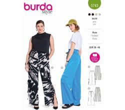 Strih Burda 5743 - Nohavice s gumou v páse, saténové nohavice
