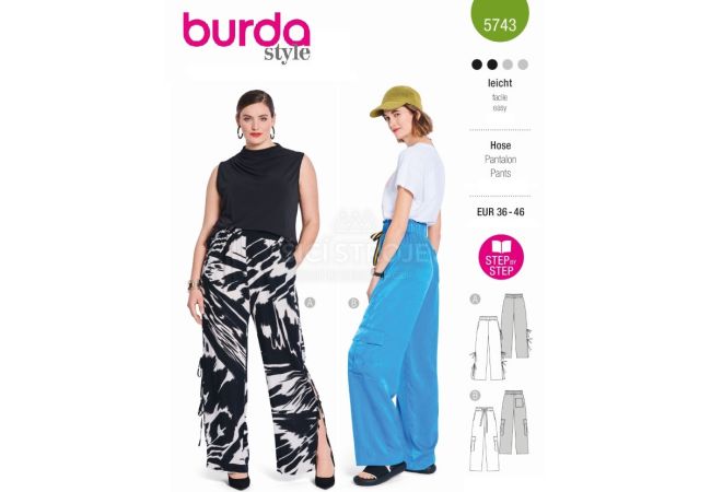 Strih Burda 5743 - Nohavice s gumou v páse, saténové nohavice