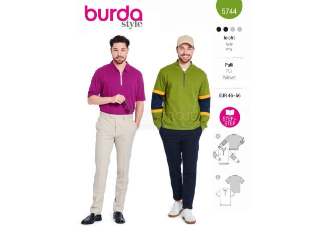 Strih Burda 5744 - Pánska mikina so stojačikom, polo tričko na zips