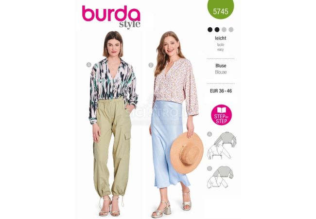 Strih Burda 5745 - Zavinovacia blúzka, blúzka so sťahovaním v páse