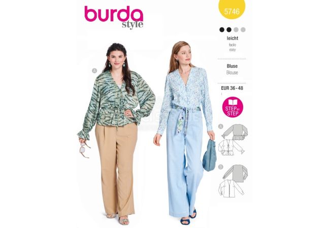 Strih Burda 5746 - Prepínacia blúzka, blúzka so sťahovaním v páse