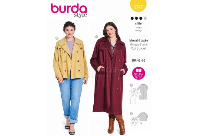 Strih Burda 5747 - Trenčkot, kabát s dvojradovým zapínaním