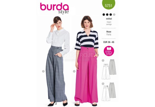 Strih Burda 5751 - Nohavice so širokými nohavicami, nohavicová sukňa