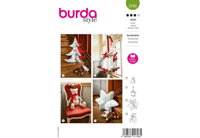 Strih Burda 5760 - Medvedík, vianočný stromček, vankúš a adventný veniec
