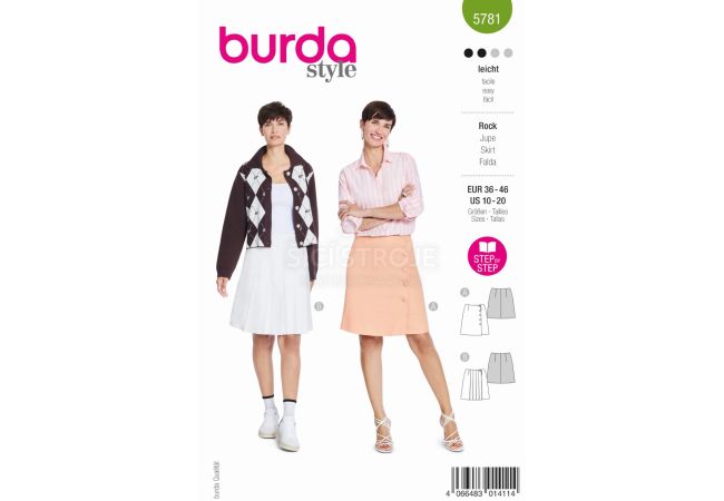 Strih Burda 5781 - Sukne so skladmi, klasická tenisová sukňa, sukne s gombíkmi