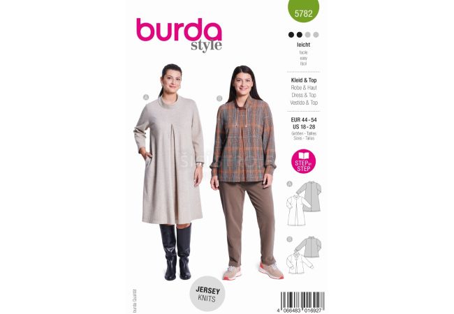 Strih Burda 5782 - Voľné šaty so stojačikom, úpletové šaty, mikina so stojačikom