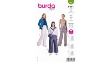 Strih Burda 5801 - Voľné nohavice s gumou v páse, vreckáče, saténové nohavice, hodvábne nohavice