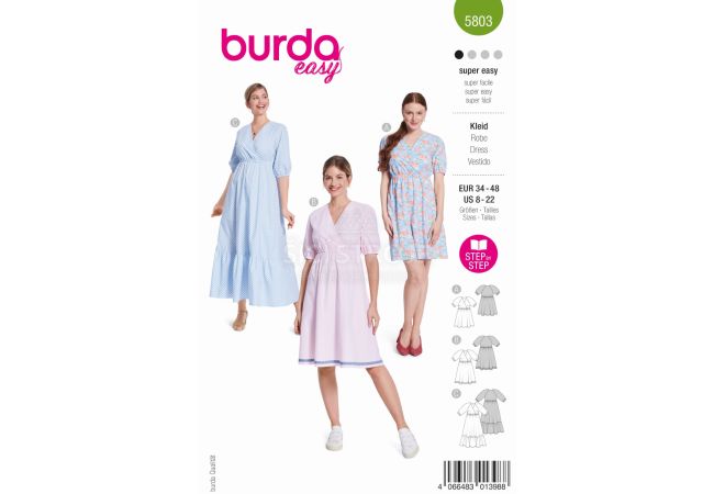 Strih Burda 5803 - Zavinovacie šaty s gumou v páse, blúzkové šaty